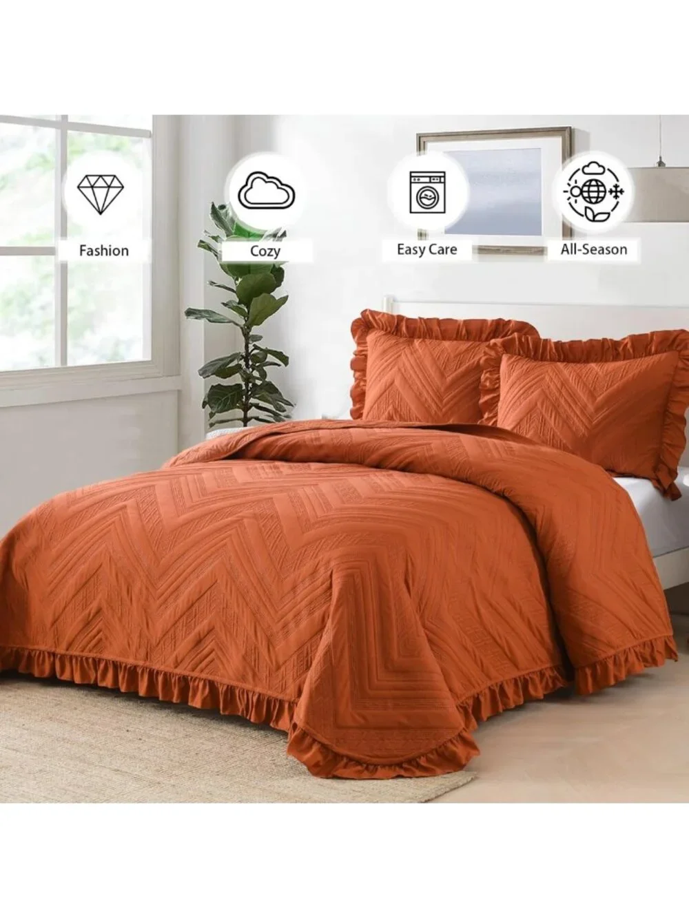 Cozy Burnt Orange Ruffled King Quilt Bedding Set | Fall Decor Bedspread